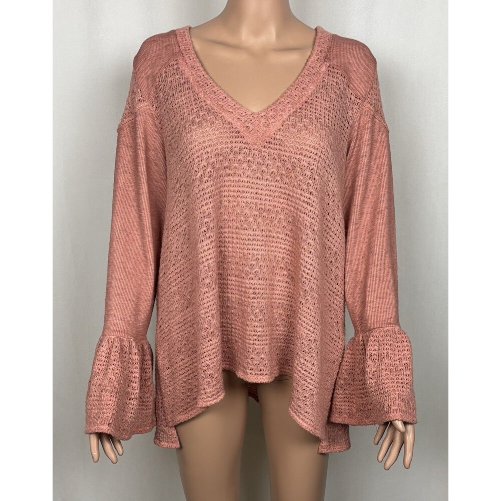 POL Women’s Size Medium V-Neck Bell Sleeves Pullover Sweater Light Coral